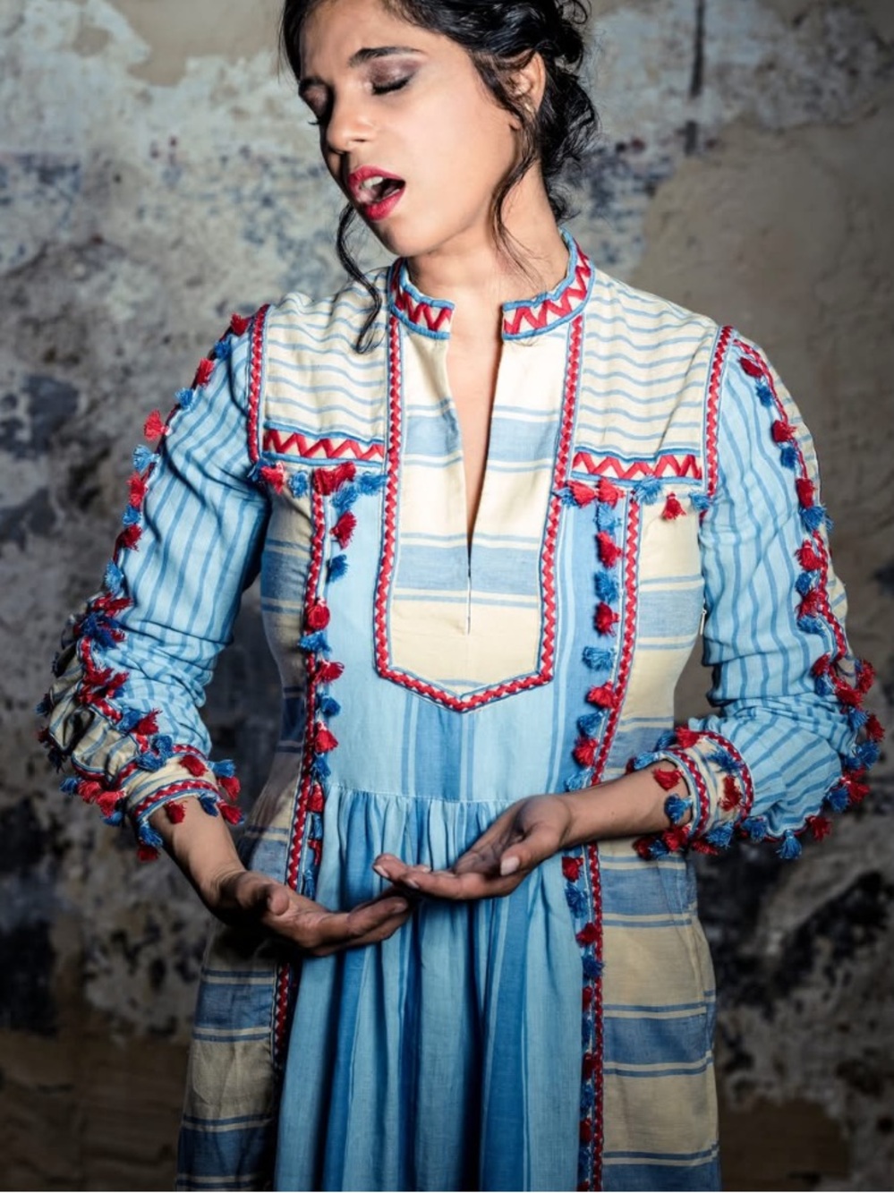 Dodo Bar Or Stephanie Embroidered Striped Cotton Dress Blue Multi Small